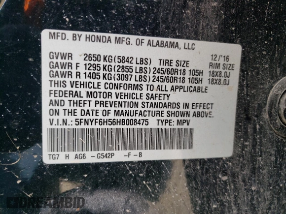 2017 Honda Pilot EX-L with VIN 5FNYF6H56HB008475, listed as a Copart auction lot 46135615 with 163,217 mi miles and Salvage Title. Bid and sale history available at DreamBid. Image 14.