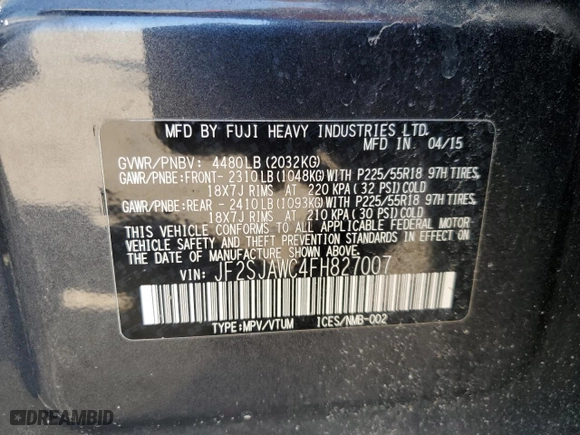 2015 Subaru Forester 2.5i Touring with VIN JF2SJAWC4FH827007, listed as a Copart auction lot 50950985 with 102,830 mi miles and Salvage Title. Bid and sale history available at carsss.com. Image 15.
