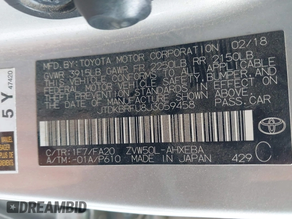 2018 Toyota Prius Two with VIN JTDKBRFU8J3059458, listed as a IAAI auction lot 41955459 with 181,787 mi miles and . Bid and sale history available at carsss.com. Image 9.