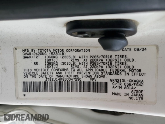 2005 Toyota 4Runner SR5 z VIN JTEZU14R850047290, wystawiony jako Copart lot #52601455 z przebiegiem 212 618 mil mil oraz Szkoda całkowita • Salvage title. Historia ofert i sprzedaży dostępna na DreamBid. Obrazek 13.