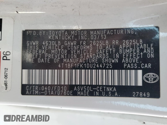 2013 Toyota Camry L with VIN 4T1BF1FK1DU244725, listed as a Copart auction lot 50188705 with 280,942 mi miles and Salvage Title. Bid and sale history available at carsss.com. Image 12.