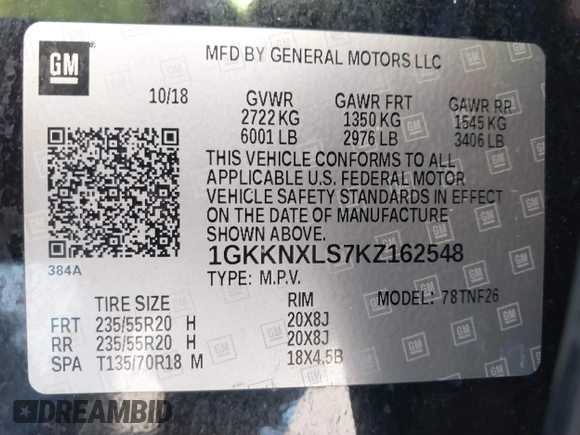 2019 GMC Acadia Denali with VIN 1GKKNXLS7KZ162548, listed as a IAAI auction lot 41815453 with 85,089 mi miles and . Bid and sale history available at carsss.com. Image 9.