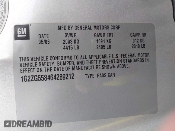 2006 Pontiac G6 6-Cyl with VIN 1G2ZG558464289212, listed as a IAAI auction lot 41994843 with 126,502 mi miles. Bid and sale history available at carsss.com. Image 9.