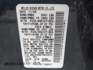 2007 Nissan Murano SL with VIN JN8AZ08W57W620910, listed as a IAAI auction lot 42282946 with 162,039 mi miles and . Bid and sale history available at DreamBid. Image 9.