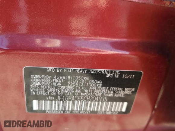 2012 Subaru Impreza Premium with VIN JF1GPAC65CH204935, listed as a Copart auction lot 62145135 with 149,437 mi miles and Salvage title. Bid and sale history available at DreamBid. Image 12.