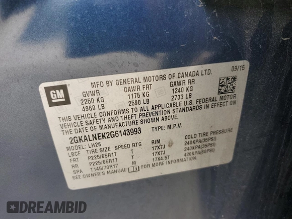 2016 GMC Terrain SLE with VIN 2GKALNEK2G6143993, listed as a Copart auction lot 47938775 with 111,721 mi miles and Salvage Title. Bid and sale history available at carsss.com. Image 16.