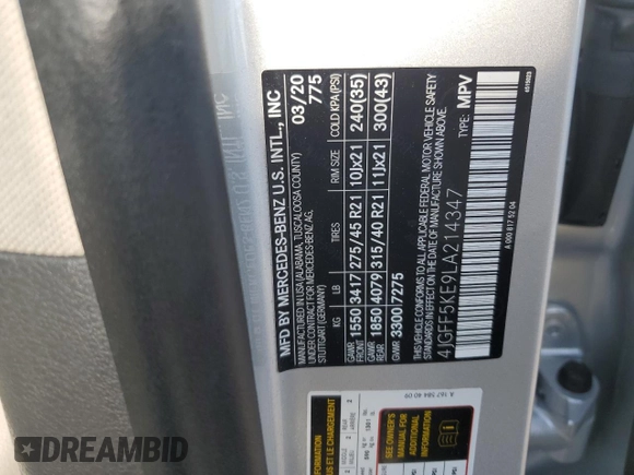 2020 Mercedes-Benz GLS 450 with VIN 4JGFF5KE9LA214347, listed as a Copart auction lot 46700204 with 48,750 mi miles and . Bid and sale history available at DreamBid. Image 14.