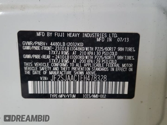 2014 Subaru Forester 2.5i с VIN JF2SJAAC1EH478328, выставлен на аукционе Copart как лот 58701995 с пробегом 150 454 миль миль и Списание • Salvage title. История ставок и продаж доступна на DreamBid. Изображение 13.