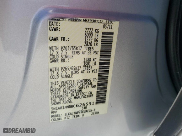 2011 Nissan Pathfinder SV with VIN 5N1AR1NN8BC626591, listed as a Copart auction lot 46791075 with 140,042 mi miles and Salvage Title. Bid and sale history available at carsss.com. Image 13.