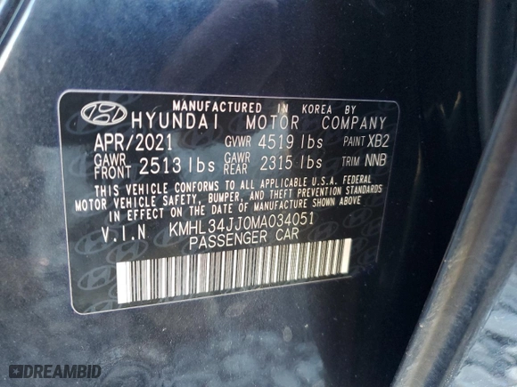 2021 Hyundai Sonata Hybrid SEL with VIN KMHL34JJ0MA034051, listed as a Copart auction lot 84638104 with 85,766 mi miles and Salvage Title. Bid and sale history available at carsss.com. Image 14.