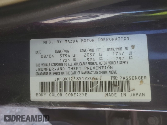 2005 Mazda 3 i with VIN JM1BK12F851220563, listed as a Copart auction lot 49443555 with 170,073 mi miles and Salvage Title. Bid and sale history available at DreamBid. Image 12.