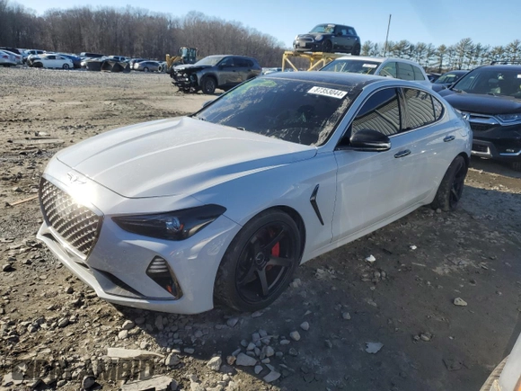 2019 Genesis G70 3.3T Advanced with VIN KMTG34LE4KU014808, listed as a Copart auction lot 87353044 with 57,050 mi miles and Salvage Title. Bid and sale history available at carsss.com. Image 1.