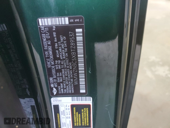 2011 MINI Convertible с VIN WMWZN3C5XBTZ89537, выставлен на аукционе Copart как лот 44161315 с пробегом Не указан миль и Чистый • Clean title. История ставок и продаж доступна на DreamBid. Изображение 14.