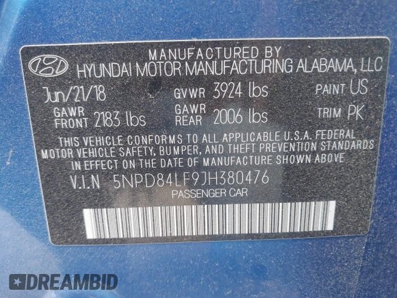 2018 Hyundai Elantra SEL with VIN 5NPD84LF9JH380476, listed as a IAAI auction lot 42032354 with 60,289 mi miles. Bid and sale history available at carsss.com. Image 9.
