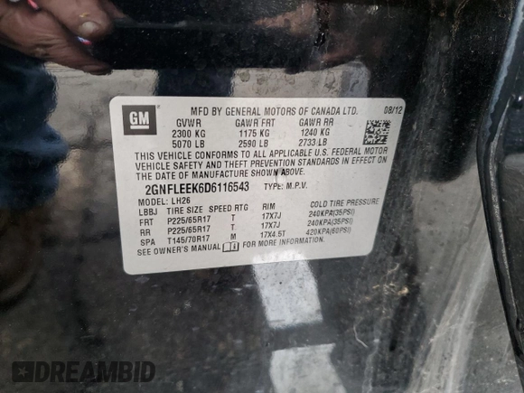 2013 Chevrolet Equinox LT with VIN 2GNFLEEK6D6116543, listed as a Copart auction lot 53095975 with 119,878 mi miles and Salvage Title. Bid and sale history available at carsss.com. Image 15.