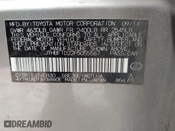 2015 Lexus IS with VIN JTHBF1D22F5055567, listed as a IAAI auction lot 41928372 with 175,725 mi miles. Bid and sale history available at carsss.com. Image 9.
