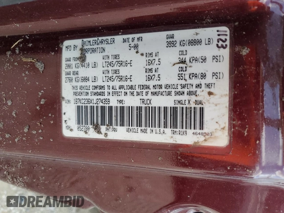 2001 Dodge 2500 z VIN 1B7KC236X1J274359, wystawiony jako Copart lot #70275354 z przebiegiem Nie podano mil oraz Nie do naprawy • Non repairable. Historia ofert i sprzedaży dostępna na DreamBid. Obrazek 12.