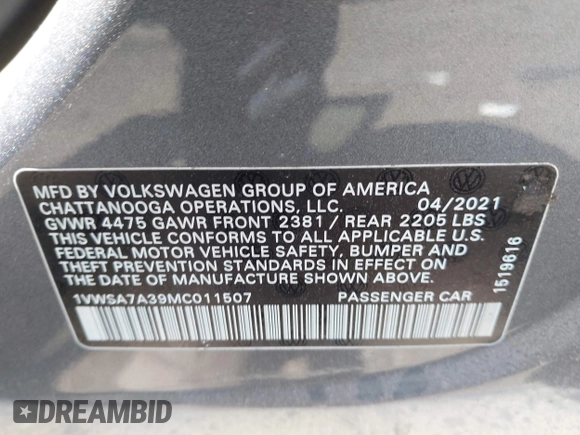 2021 Volkswagen Passat SE with VIN 1VWSA7A39MC011507, listed as a IAAI auction lot 42160879 with 82,639 mi miles and . Bid and sale history available at DreamBid. Image 9.