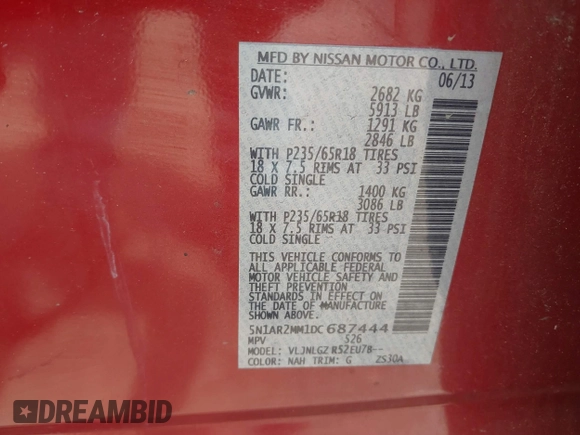 2013 Nissan Pathfinder SL with VIN 5N1AR2MM1DC687444, listed as a IAAI auction lot 42571928 with 155,993 mi miles and . Bid and sale history available at DreamBid. Image 9.