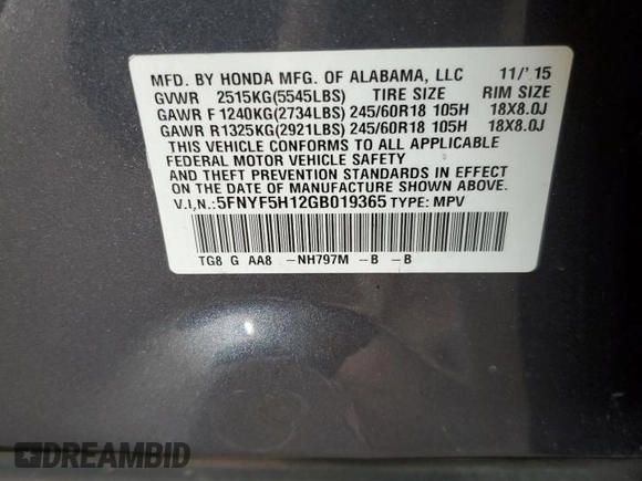 2016 Honda Pilot LX with VIN 5FNYF5H12GB019365, listed as a Copart auction lot 45797055 with 232,647 mi miles and Salvage Title. Bid and sale history available at DreamBid. Image 13.