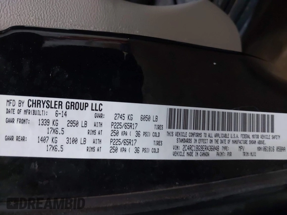 2014 Chrysler Town & Country Touring with VIN 2C4RC1BG9ER436048, listed as a IAAI auction lot 41360528 with 163,040 mi miles. Bid and sale history available at carsss.com. Image 9.