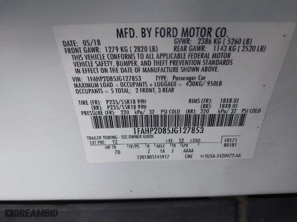2018 Ford Taurus SE with VIN 1FAHP2D85JG127853, listed as a IAAI auction lot 41596548 with 128,087 mi miles. Bid and sale history available at carsss.com. Image 9.