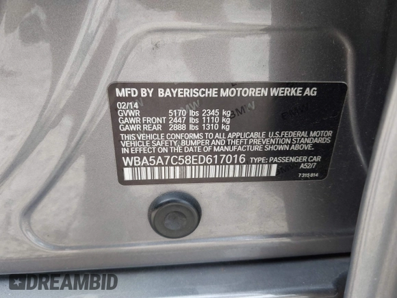2014 BMW 5 Series 528i xDrive with VIN WBA5A7C58ED617016, listed as a IAAI auction lot 41696157 with 184,365 mi miles and . Bid and sale history available at DreamBid. Image 9.