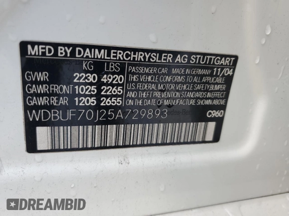 2005 Mercedes-Benz E 5.0L with VIN WDBUF70J25A729893, listed as a Copart auction lot 45418915 with 165,027 mi miles and Clean Title. Bid and sale history available at carsss.com. Image 12.
