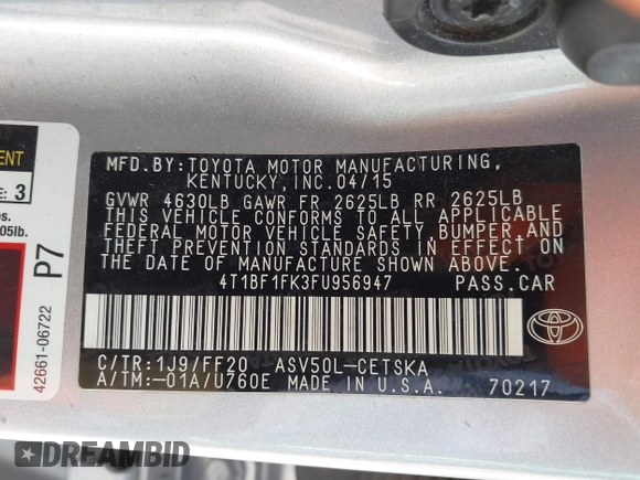 2015 Toyota Camry XLE z VIN 4T1BF1FK3FU956947, wystawiony jako IAAI lot #42342824 z przebiegiem 222 565 mil mil oraz . Historia ofert i sprzedaży dostępna na DreamBid. Obrazek 9.