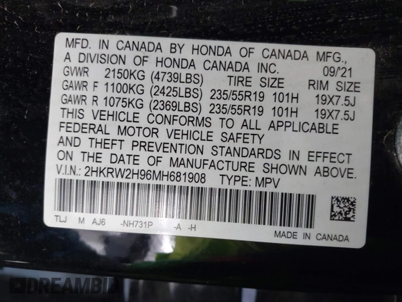 2021 Honda CR-V Touring with VIN 2HKRW2H96MH681908, listed as a IAAI auction lot 42082535 with 65,570 mi miles and . Bid and sale history available at DreamBid. Image 9.