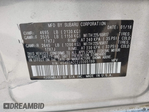 2018 Subaru Outback Premium z VIN 4S4BSACC2J3305199, wystawiony jako IAAI lot #42203899 z przebiegiem 28 804 mil mil oraz . Historia ofert i sprzedaży dostępna na DreamBid. Obrazek 9.