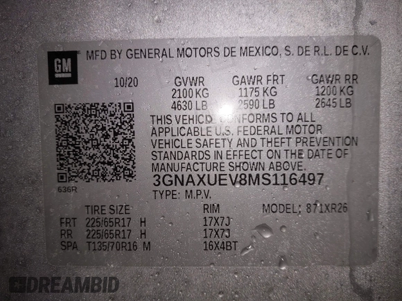 2021 Chevrolet Equinox LT z VIN 3GNAXUEV8MS116497, wystawiony jako IAAI lot #41944688 z przebiegiem 45 177 mil mil oraz . Historia ofert i sprzedaży dostępna na DreamBid. Obrazek 9.