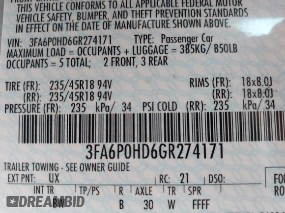 2016 Ford Fusion SE with VIN 3FA6P0HD6GR274171, listed as a IAAI auction lot 41740043 with 92,469 mi miles. Bid and sale history available at carsss.com. Image 9.