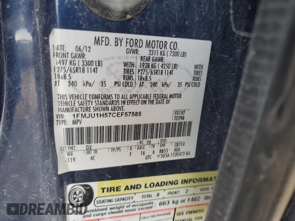 2012 Ford Expedition XLT with VIN 1FMJU1H57CEF57585, listed as a Copart auction lot 63348475 with 85,285 mi miles and Clean title. Bid and sale history available at DreamBid. Image 13.