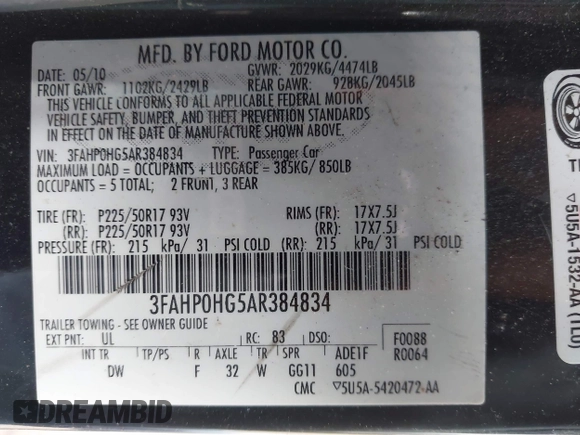 2010 Ford Fusion SE with VIN 3FAHP0HG5AR384834, listed as a IAAI auction lot 41533295 with 124,356 mi miles. Bid and sale history available at carsss.com. Image 9.