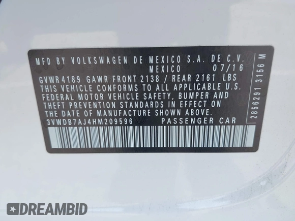 2017 Volkswagen Jetta SE with VIN 3VWDB7AJ4HM209596, listed as a IAAI auction lot 42608209 with 30,559 mi miles and . Bid and sale history available at DreamBid. Image 9.