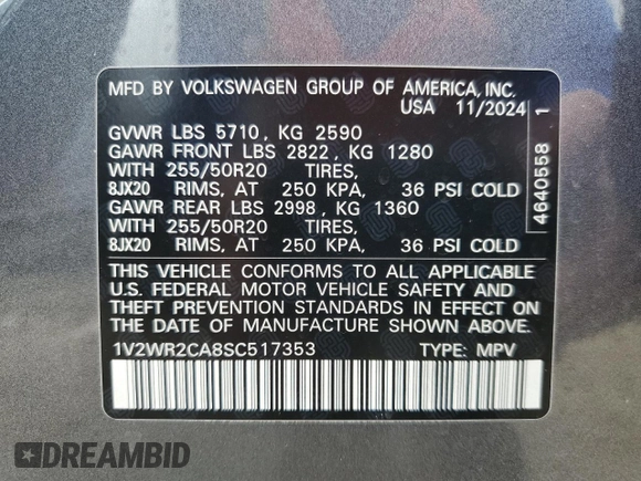 2025 Volkswagen Atlas SE with VIN 1V2WR2CA8SC517353, listed as a Copart auction lot 63493995 with Not provided miles and Non repairable. Bid and sale history available at DreamBid. Image 13.