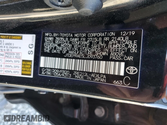 2020 Toyota Corolla LE with VIN JTDEPRAE5LJ093760, listed as a Copart auction lot 52483435 with 140,897 mi miles and Salvage Title. Bid and sale history available at DreamBid. Image 14.