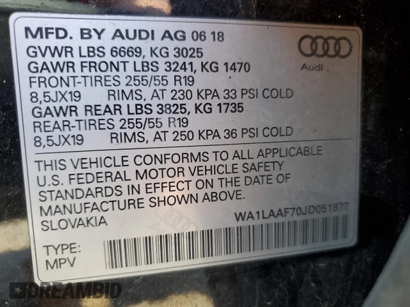 2018 Audi Q7 Premium Plus with VIN WA1LAAF70JD051877, listed as a Copart auction lot 54546685 with 121,056 mi miles and Clean Title. Bid and sale history available at carsss.com. Image 13.