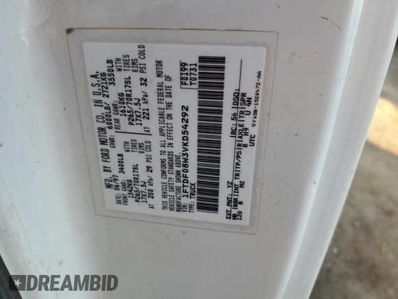 1997 Ford F-150 XL with VIN 1FTDF08W3VKD54292, listed as a Copart auction lot 80205784 with 186,944 mi miles and Salvage Title. Bid and sale history available at carsss.com. Image 14.