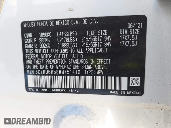 2021 Honda HR-V EX with VIN 3CZRU6H58MM751410, listed as a IAAI auction lot 41178923 with 20,258 mi miles. Bid and sale history available at carsss.com. Image 9.