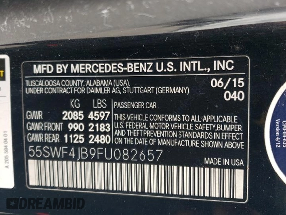 2015 Mercedes-Benz C 300 with VIN 55SWF4JB9FU082657, listed as a Copart auction lot 55466575 with 109,254 mi miles and Salvage Title. Bid and sale history available at DreamBid. Image 13.