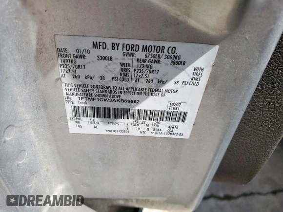 2010 Ford F-150 XL with VIN 1FTMF1CW3AKB69862, listed as a Copart auction lot 62739675 with 130,186 mi miles and Clean title. Bid and sale history available at DreamBid. Image 12.