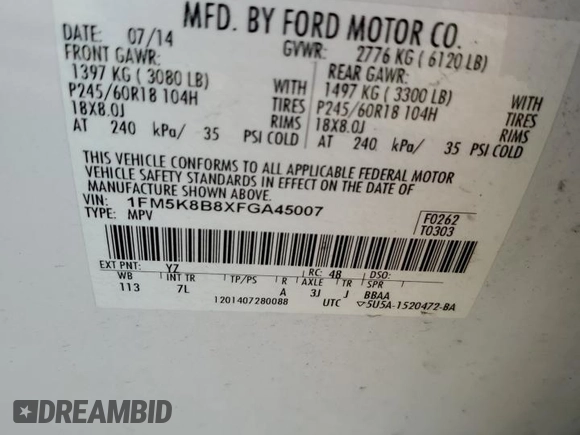 2015 Ford Explorer with VIN 1FM5K8B8XFGA45007, listed as a Copart auction lot 59837085 with 82,353 mi miles and Salvage title. Bid and sale history available at DreamBid. Image 13.