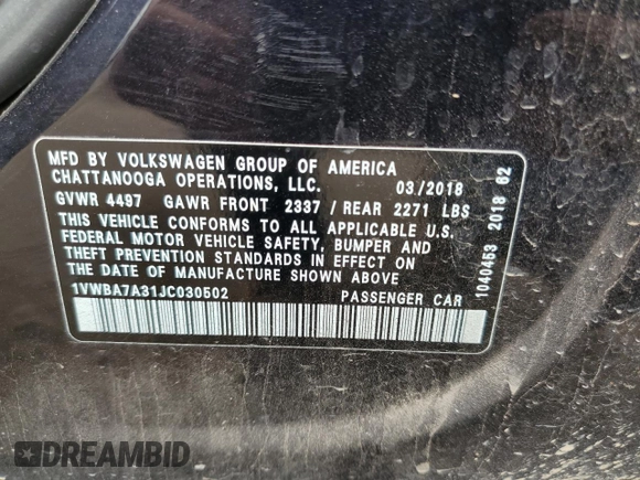 2018 Volkswagen Passat SE with VIN 1VWBA7A31JC030502, listed as a Copart auction lot 62915765 with 156,760 mi miles and Clean title. Bid and sale history available at DreamBid. Image 12.