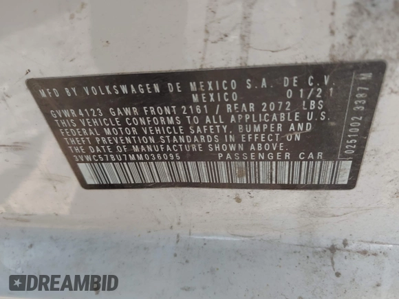 2021 Volkswagen Jetta S with VIN 3VWC57BU7MM036095, listed as a IAAI auction lot 42202141 with 75,516 mi miles and . Bid and sale history available at DreamBid. Image 9.