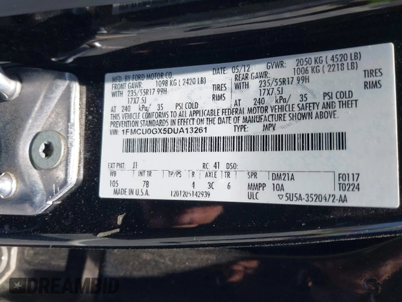 2013 Ford Escape SE z VIN 1FMCU0GX5DUA13261, wystawiony jako IAAI lot #42548111 z przebiegiem 183 037 mil mil oraz . Historia ofert i sprzedaży dostępna na DreamBid. Obrazek 9.