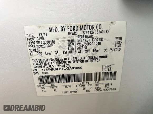 2012 Ford Explorer Limited with VIN 1FMHK8F87CGA91090, listed as a Copart auction lot 64853415 with 220,599 mi miles and Clean title. Bid and sale history available at DreamBid. Image 10.