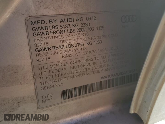 2013 Audi allroad Premium Plus with VIN WA1UFAFL8DA135521, listed as a Copart auction lot 72659884 with 197,667 mi miles and Clean Title. Bid and sale history available at carsss.com. Image 12.