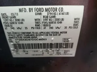 2013 Ford Explorer XLT with VIN 1FM5K8D87DGC48303, listed as a Copart auction lot 54557535 with 91,185 mi miles and Salvage Title. Bid and sale history available at carsss.com. Image 13.